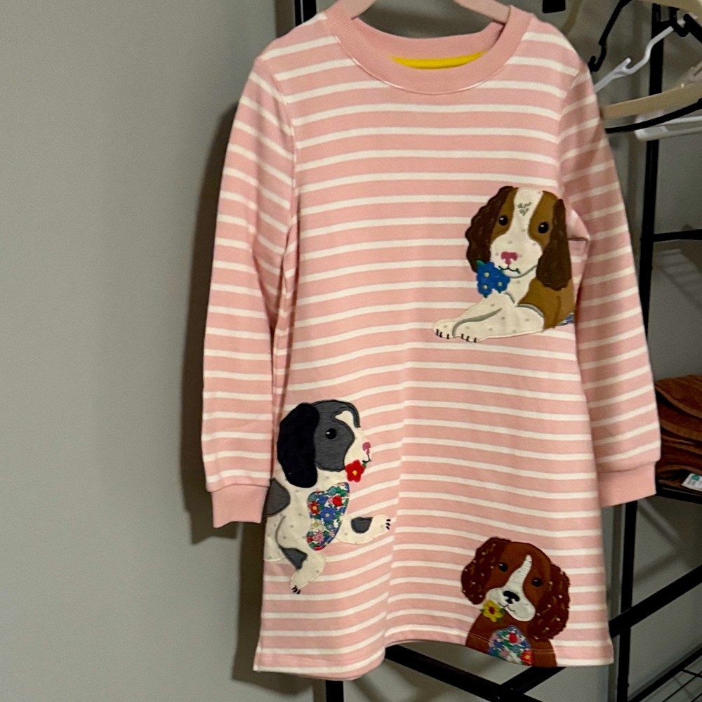 Mini Boden Pink and White Striped Puppy Appliqué Dress